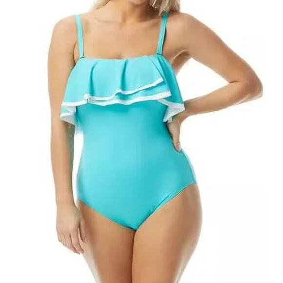 Contours by Coco Reef Womens Ruffle Strapless One Piece Swimsuit Blue 10 34C NWT - Picture 2 of 3